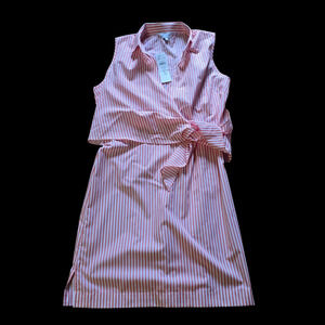 NWT, Foxcroft Women's Pink Striped Collared Slit Short Wrap Dress, Size 18